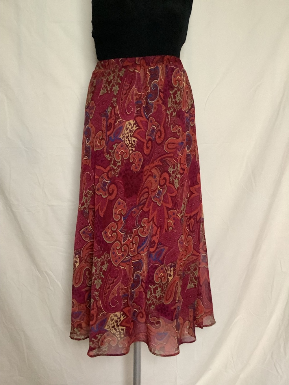 Christopher & Banks Skirt-Maroon Rust Tan Green Floral Paisley Pattern-Lined-M